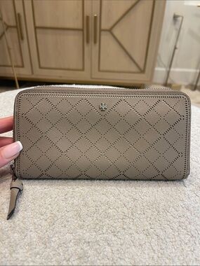 Tory Burch Taupe Zip Wallet with Cutout Pattern